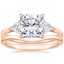 14K Rose Gold Luxe Trillion Cut Three Stone Diamond Ring with Petite Curved Wedding Ring
