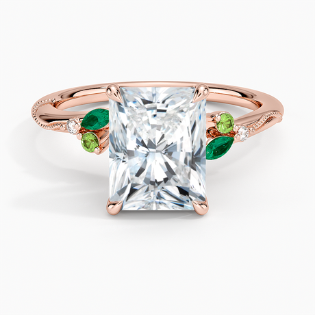 14K Rose Gold Camellia Milgrain Green Gemstone and Diamond Ring