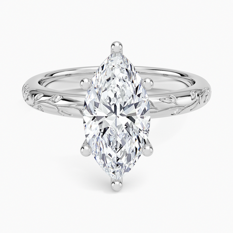 18K White Gold Verdure Engraved Diamond Solitaire Ring