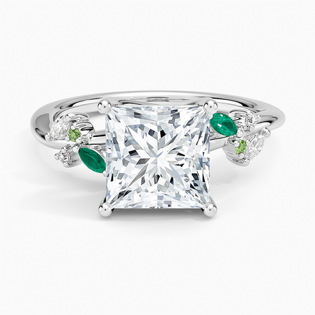18K White Gold Arden Diamond Ring with Lab Emerald Accents