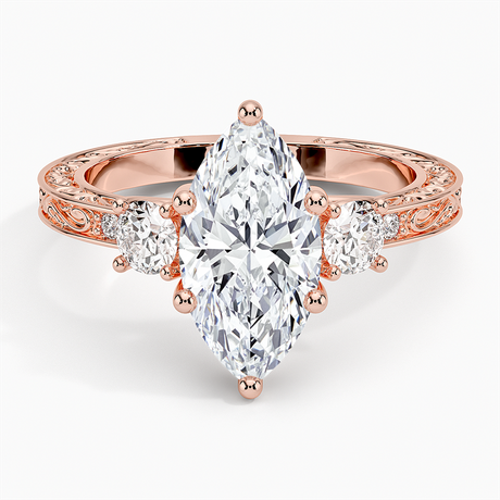 14K Rose Gold Antique Scroll Engraved Three Stone Diamond Ring (1/3 ct. tw.)