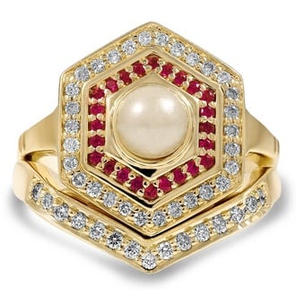 Custom Art Deco-Inspired Hexagonal Halo Pearl Matched Set