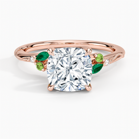 14K Rose Gold Camellia Milgrain Green Gemstone and Diamond Ring