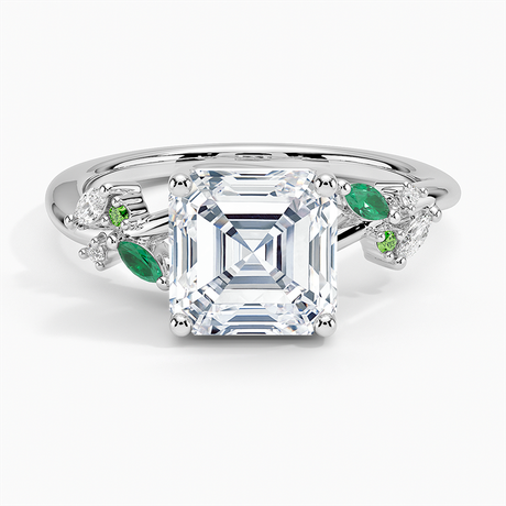 18K White Gold Arden Diamond Ring with Lab Emerald Accents