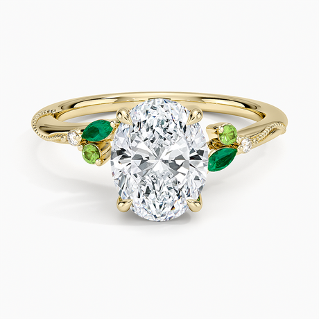 18K White Gold Camellia Milgrain Green Gemstone and Diamond Ring