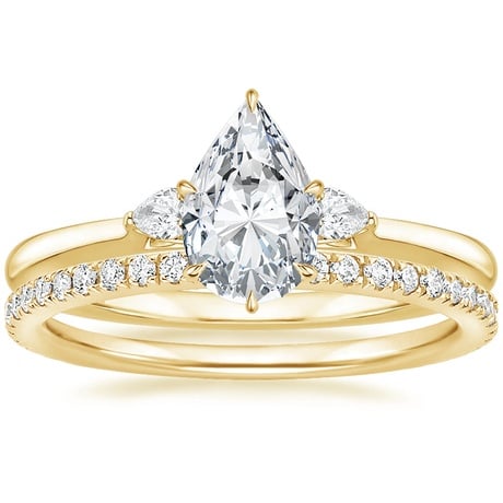 18K Yellow Gold Perfect Fit Three Stone Pear Diamond Ring with Luxe Ballad Diamond Ring