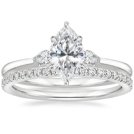18K White Gold Perfect Fit Three Stone Pear Diamond Ring with Luxe Ballad Diamond Ring