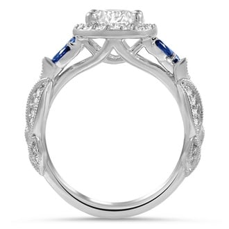 Custom Feathered Halo Diamond and Sapphire Ring