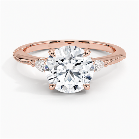14K Rose Gold Camellia Three Stone Pear Diamond Ring