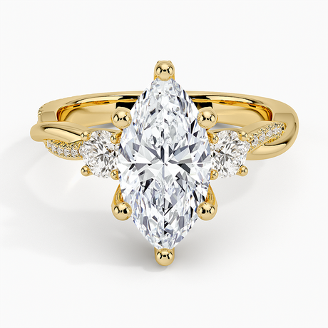 18K Yellow Gold Adorned Petite Twisted Vine Three Stone Diamond Ring