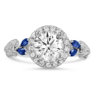 Custom Feathered Halo Diamond and Sapphire Ring