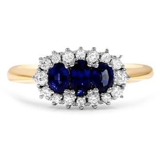 Custom Three Stone Sapphire and Diamond Halo Ring