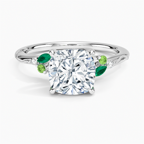 Platinum Camellia Milgrain Green Gemstone and Diamond Ring