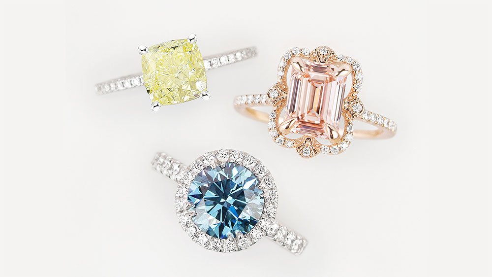 Yellow, pink, and blue diamond rings